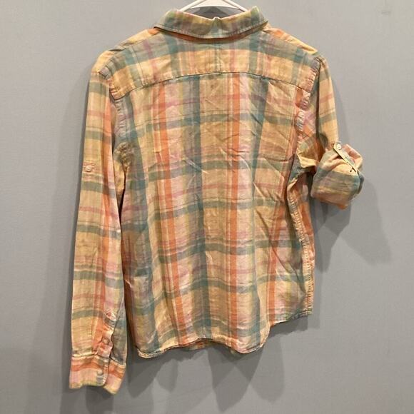 Ralph Lauren Women Linen Blend Button Up Shirt Size LP PL Fisherman Preppy Plaid - Picture 4 of 7